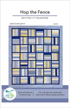 a quilt pattern with the words hop the fence in blue, yellow and white colors