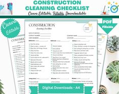 the construction cleaning checklist is displayed on top of a table with plants and other items