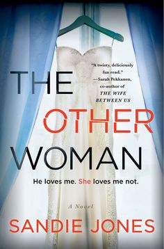 the other woman by sandie jones is shown in front of a window with blue curtains