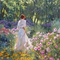 a painting of a woman in a white dress walking through a field of wildflowers