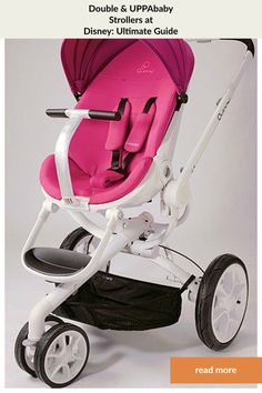 a pink stroller with black wheels on the front and bottom, in white frame