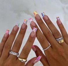 Spring Break Acrylic Nails, Vacation Nails Long, Bright French Tip Nails, Spring Birthday Nails, Karol G Nails, Rainbow Acrylic Nails, Colorful Acrylic Nails, Long Summer Nails, Summer Nails Extra