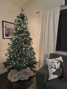 a living room with a christmas tree in the corner