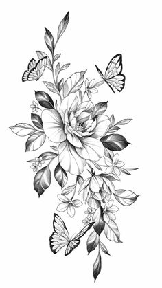 black and white drawing of flowers with butterflies