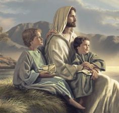 a painting of jesus with two children