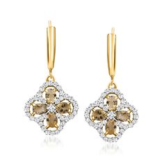 Ross-Simons - 1.60ct t. w. Citrine Clover Drop Earrings, .60ct t. w. White Topaz Over. Let the sunny sparkle of citrine add luxurious warmth to your wardrobe! Our clover-shaped drop earrings feature glamorous arrangements of 1.60 ct. t. w. oval citrines framed by icy .60 ct. t. w. white topaz rounds. Crafted in polished 18kt yellow gold over sterling silver. Hanging length is 1 1/4". Leverback, white topaz and citrine clover drop earrings. Citrine birthstones are the perfect gift for November bi Topaz And Citrine, Citrine Birthstone, Imperial Topaz, Topaz Earrings, Underworld, White Topaz, Buy 1, Citrine, Topaz