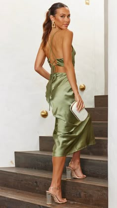 Sloan Midi Dress - Olive - Buy Women's Dresses - Billy J Gorgeous Bridesmaid Dresses, Stunning Bridesmaid Dresses, Bridesmaid Dressing Gowns, Green Dresses, Green Bridesmaid, Bridesmaid Dresses Online, Grad Dresses, Midi Cocktail Dress, Cowl Neckline