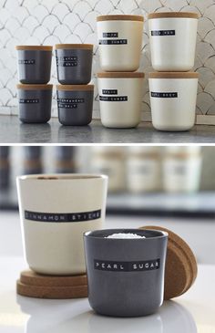 four different cups with labels on them are shown in three different pictures, one is black and white