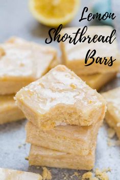 lemon shortbread bars stacked on top of each other with the words lemon shortbread bars above them