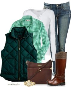 Fall Preppy Outfits, Equestrian Outfit, Looks Jeans, Green Gingham, Green Vest, Gingham Shirt, 가을 패션