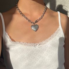 "Jude" Chunky Heart Necklace – Gemini Jewels Cool Chunky Necklace, Big Heart Necklace Outfit, Chunky Locket Necklace, Styling Chunky Necklaces, Chunky Heart Necklace Outfit, Chain Heart Necklace, Big Necklace Aesthetic, Big Chunky Necklaces, Chunky Silver Heart Necklace