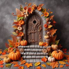 an image of fall scene with pumpkins and leaves on the ground in front of a door