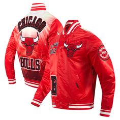 Celebrate your Chicago Bulls fandom with this Pro Standard Royal Sublimated Satin Full-Snap Jacket. It features a unique sublimated design with a satin finish that is sure to turn heads. With heat-sealed fabric appliques and raised embroidered detail, this jacket is perfect for representing the Chicago Bulls in style. Red Throwback Outerwear For Sports Events, Red Sports Outerwear, Red Outerwear For Sports Events, Chicago Bulls, Red Jacket, Satin Finish, Outerwear Jackets, Appliques, In Style