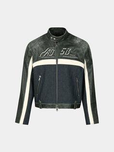 This is a unique 24 racing jacket that is made out of contrastinc color and texture fabric and cow leather. With unique cropped oversized silhouette, quilting detail on the top and hidden jacquard lining, you can wear it for casual and trendy look. - Oversized silhouette- Cropped length- Vintage cow leather, Conemills Denim fabric- Quilting detail on the top and hidden jacquard lining- 'ADSB' logo embroidery Casual Black Leather Jacket With Patchwork, Spring Streetwear Outerwear With Contrast Panels, Biker Jacket With Patchwork, Designer Black Biker Jacket With Padded Collar, Leather Jacket With Contrast Stitching For Streetwear, Black Leather Biker Jacket With Contrast Stitching, Patchwork Biker Jacket, Biker Jacket With Contrast Stitching And Long Sleeves, Casual Leather Biker Jacket With Contrast Stitching