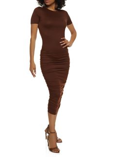 T-Shirt Dress, Mid Length Dress, Short Sleeves, Crew Neck, Ruching, Solid, Item Number 3410074828795 Casual Ruched Bodycon Midi Dress, Brown Ruched Short Sleeve Dress, Midi Dress Brown, T Shirt Midi Dress, Shirt Midi Dress, Dress Mid Length, Weatherproof Boots, Mid Length Dress, Maxi Tops