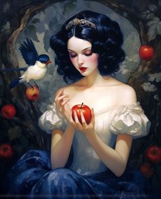 a painting of a woman holding an apple in front of a tree with birds on it