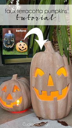 two carved pumpkins sitting next to each other