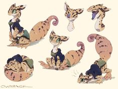 some drawings of different types of animals in various poses and sizes, with one sitting on the ground