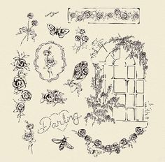 a drawing of flowers and bees in front of a window with the word love written on it