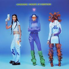 three women in futuristic garb standing next to each other with the words choose your fighter above them