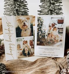 two christmas cards sitting on top of a table next to pine cones and fir trees