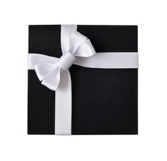 a black gift box with white ribbon and bow