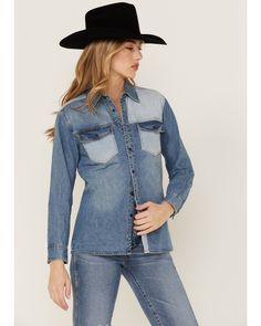 Cleo + Wolf Women's Oversized Denim Shirt, Medium Wash White Linen Blouse, Oversized Denim Shirt, Double Barrel, Denim Button Down, Hem Style, Denim Design, Western Shirt, Shirt Long Sleeve, Short Sleeve Button Up