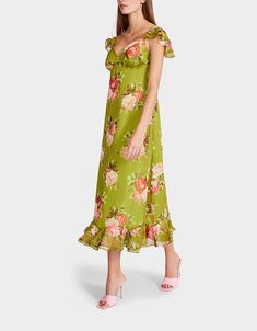 BOUQUET BOUNTY MIDI DRESS GREEN | Women's Dresses – Betsey Johnson Spring Midi Dress With Ruffle Hem For Garden Party, Green Ruffled Midi Dress For Vacation, Green Floral Summer Party Dress, Green Maxi Dress For Spring, Spring Vacation Green Midi Dress, Green Floral Print Midi Dress For Vacation, Spring Green Midi Dress For Vacation, Green Midi Maxi Dress For Brunch, Chic Green Dress With Ruffle Hem