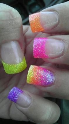 Pedicure Ideas Pink Glitter, Neon Glitter Nails, Nail Finger, Nail Art Paillette, French Manicure Nails, Colorful Nail Art, Awesome Nails, Cute Nail Art Designs, Nails Tumblr