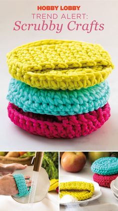 crocheted dishcloths are stacked on top of each other in different colors