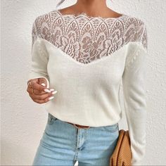 Cozy White Floral Lace Sheer Sweater Top S M L, 100% Acrylic, Ships In 7-8 Days White Lace Top Outfit, Winter Lace Long Sleeve Cardigan, White Lace Tops With Intricate Embroidery, Fitted Winter Sweater With Crochet Lace, White Long Sleeve Lace Top With Lace Cuffs, White Lace Sweater, Boho Lace Top, Sheer Sweater, Coachella Dress