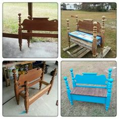 four different types of furniture made out of pallets and wooden planks in various stages of being painted