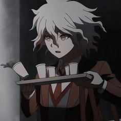 an anime character holding a tray with drinks on it