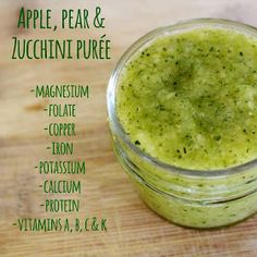 an apple, pear and zucchini puree in a glass jar