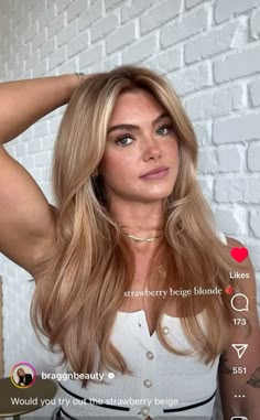 Braggn beauty Star Berry Blonde Balayage, Strawberry Blonde Hair And Brown Eyes, Red Dark Blonde Hair, Warm Blonde Root Melt, Neutral Strawberry Blonde Hair, Star Berry Blonde Hair, Strawberry Blonde Dark Eyebrows, Different Type Of Blonde Hair Colors, Gold Strawberry Blonde Hair