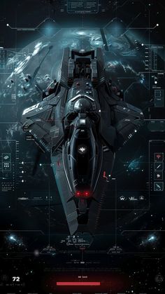 a futuristic fighter jet flying through space with red lights on it's side and information about the aircraft