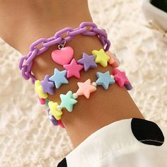 Colorful Heart Star Bracelet This kawaii Colorful Heart Star Bracelet is the perfect accessory to add a touch of whimsy to your outfit. Featuring a charming combination of hearts and stars, it will add a pop of color to your look. With its unique design, it's sure to make a statement and bring joy to your day. Length: 17cm/ 6.7 in; 18.4cm/ 7.2 in; 19cm/ 7.5 in; Pink Heart Pendant, Pastel Bracelet, Acrylic Bracelet, Bracelet Pack, Dream Aesthetic, Bracelets Design, Kawaii Jewelry, Kawaii Accessories, Heart Chain