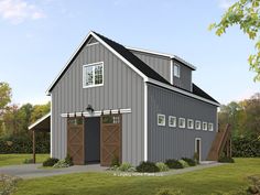 this is an artist's rendering of a barn style house with two garages