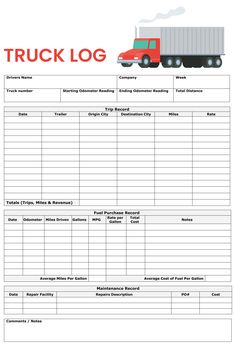 a truck log sheet with the words truck log on it