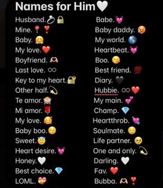 the names for him and her in different languages on a cell phone with emoticions all over them