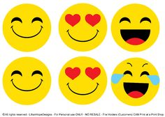 six smiley faces with different expressions and hearts on their cheeks, all in the same color