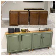 two pictures side by side with the same furniture in different stages of being painted green