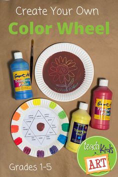 a paper plate with paint and craft supplies next to it on a brown background that says create your own color wheel