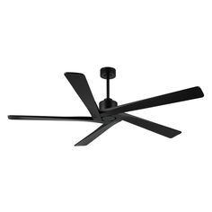 a black ceiling fan with four blades on the top and one light on the bottom