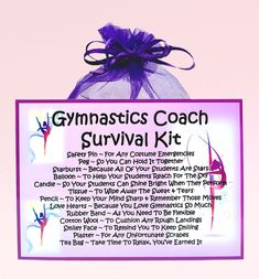 a purple sign with the words gymnastics coach survival kit in front of it and an image of a woman's figure