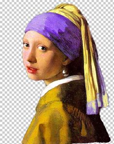 a painting of a girl with a pearl ear wearing a yellow dress and purple hair