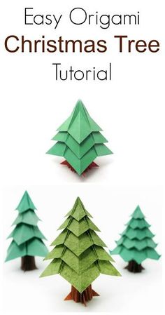 an origami christmas tree is shown in three different ways, with the text easy origami christmas tree