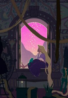 a woman sitting on a window sill looking out at the stars in the sky