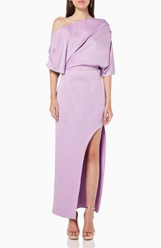 Elliatt Andrea One-Shoulder Satin Gown | Nordstrom Satin Gown Designs, Pretty Spring Dresses, Skirt Swimsuit, Elegant Drapes, Satin Gown, Matte Satin, Street Outfit, Classic Dress, Elbow Length Sleeve