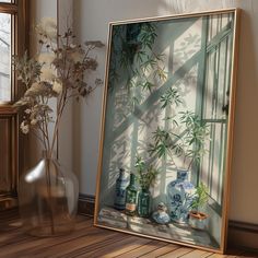 an art work with vases and plants in front of a window